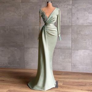 MERMAID V-NECK SATIN GOWN WITH LONG SLEEVES